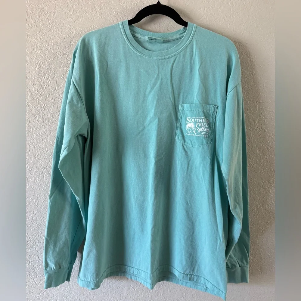 Comfort Colors L Pastel Aqua Long Sleeve Holiday Southern Fried Cotton T-Shirt - Picture 2 of 6